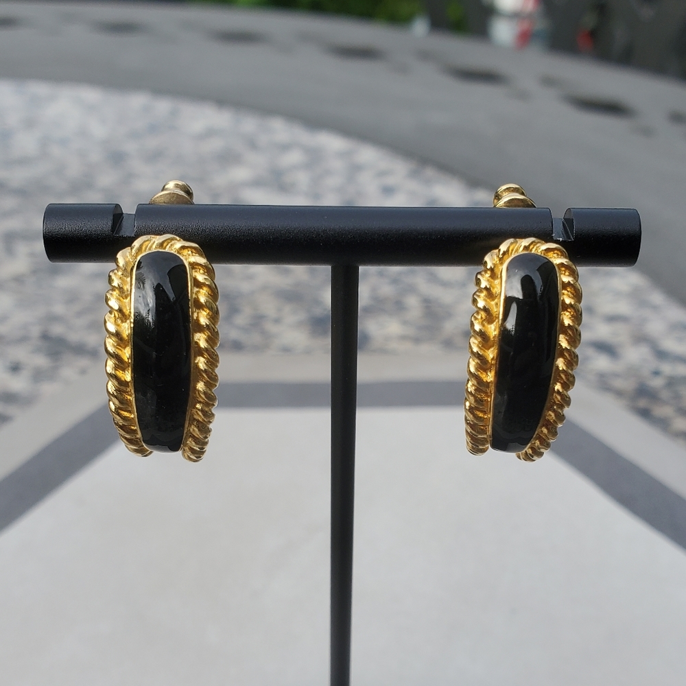 Trifari  Gold Tone Black Enamel J Hoop Post Earrings